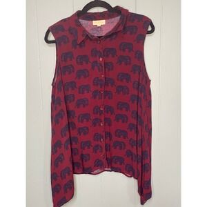 ModCloth 1X Burgundy‎ Elephant Print Cold Shoulder Collared Button Up Blouse Top